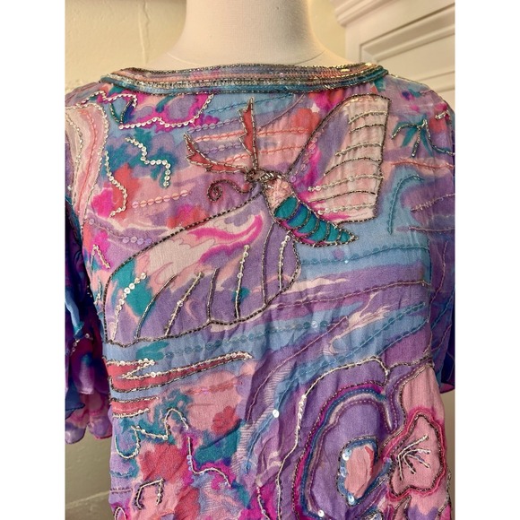 Vtg 80s Judith Ann Creations Butterfly 100% Silk Sequin Skirt & Blouse Size L - Picture 3 of 16